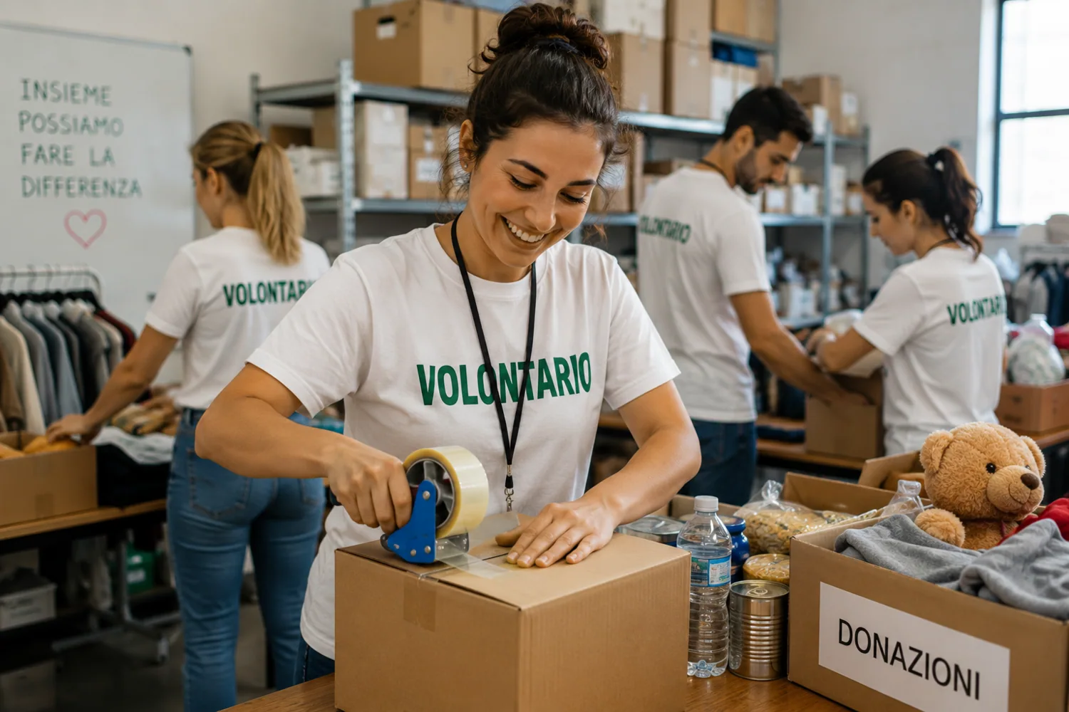 Volontari al lavoro nel magazzino donazioni
